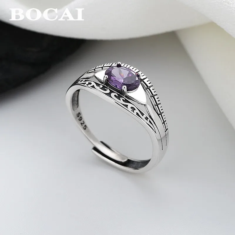 BOCAI 100% S925 Silver Palace Style Double-Layer Purple Zircon Patterned Ring for Women Fashionable and Elegant Jewelry