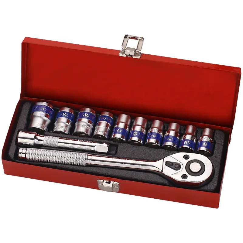 Factory direct sales 12-piece set of tools, iron box with blue ribbon