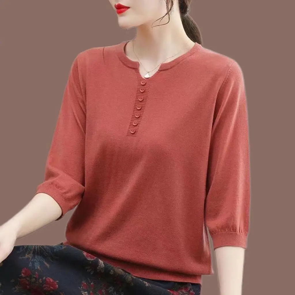 Korean Fashion Women Big Size Knit T-Shirt Female Clothing Spring Summer 3/4 Sleeve Pullover Tees Loose Casual Solid Vintage Top