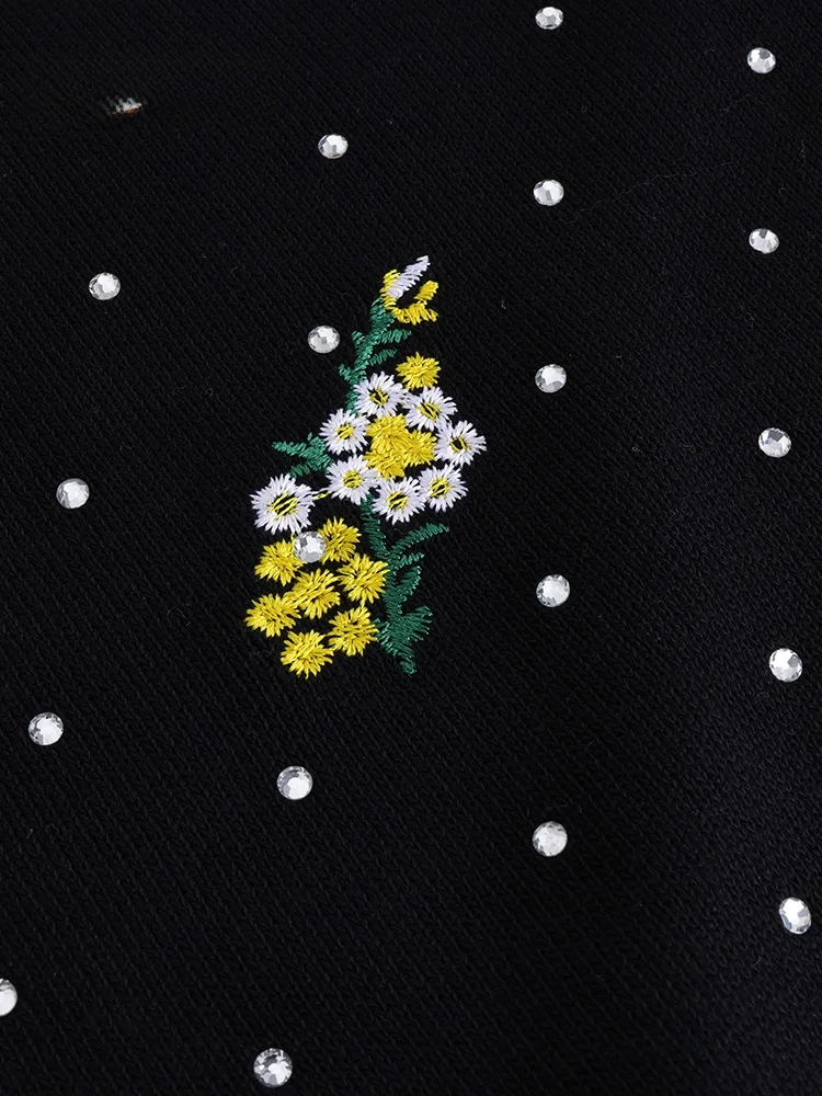 

JZZDEMM Yellow Floral Embroidery Heavy Industry ort Sve Women's Knitted Top oulder Width Regular Length Traditional Sle