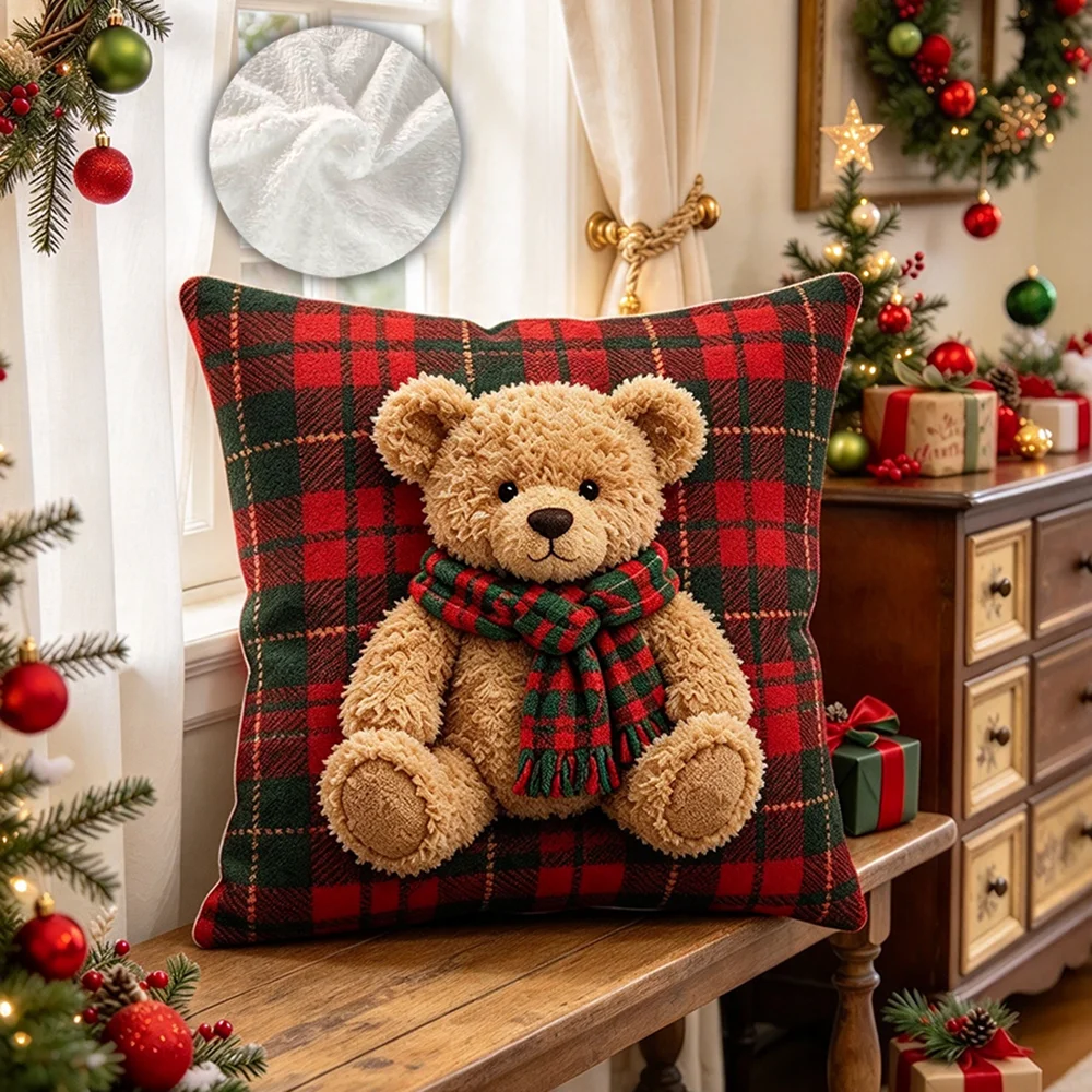1PC Christmas Plaid Teddy Bear Cushion Cover,Flannel Throw Pillow Case,Square Pillow Cover for Sofa Bedroom Xmas Home Decor