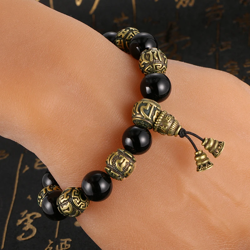 2023 NEW Vintage Copper Six Words Buddhist Beads Chains Bracelets Brass Rosary Bangles Fashion Men Luckly Money Bracelet Jewelry