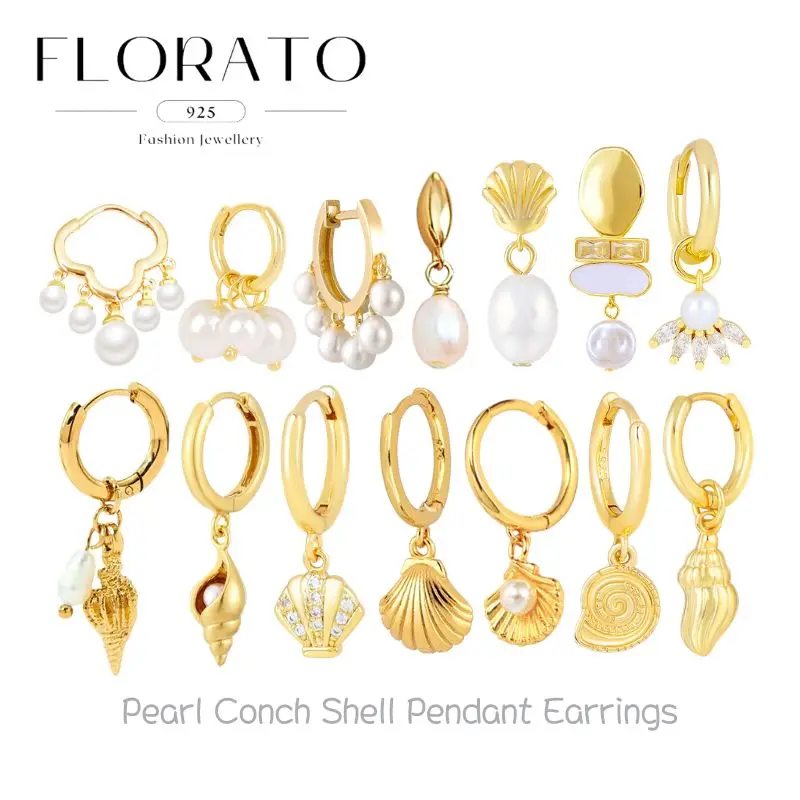 

925 Silver Needle Simulated Water pearls/Conch/Shell Pendant Hoop Earrings For Women Holiday Style Fashion Party Jewelry Gifts