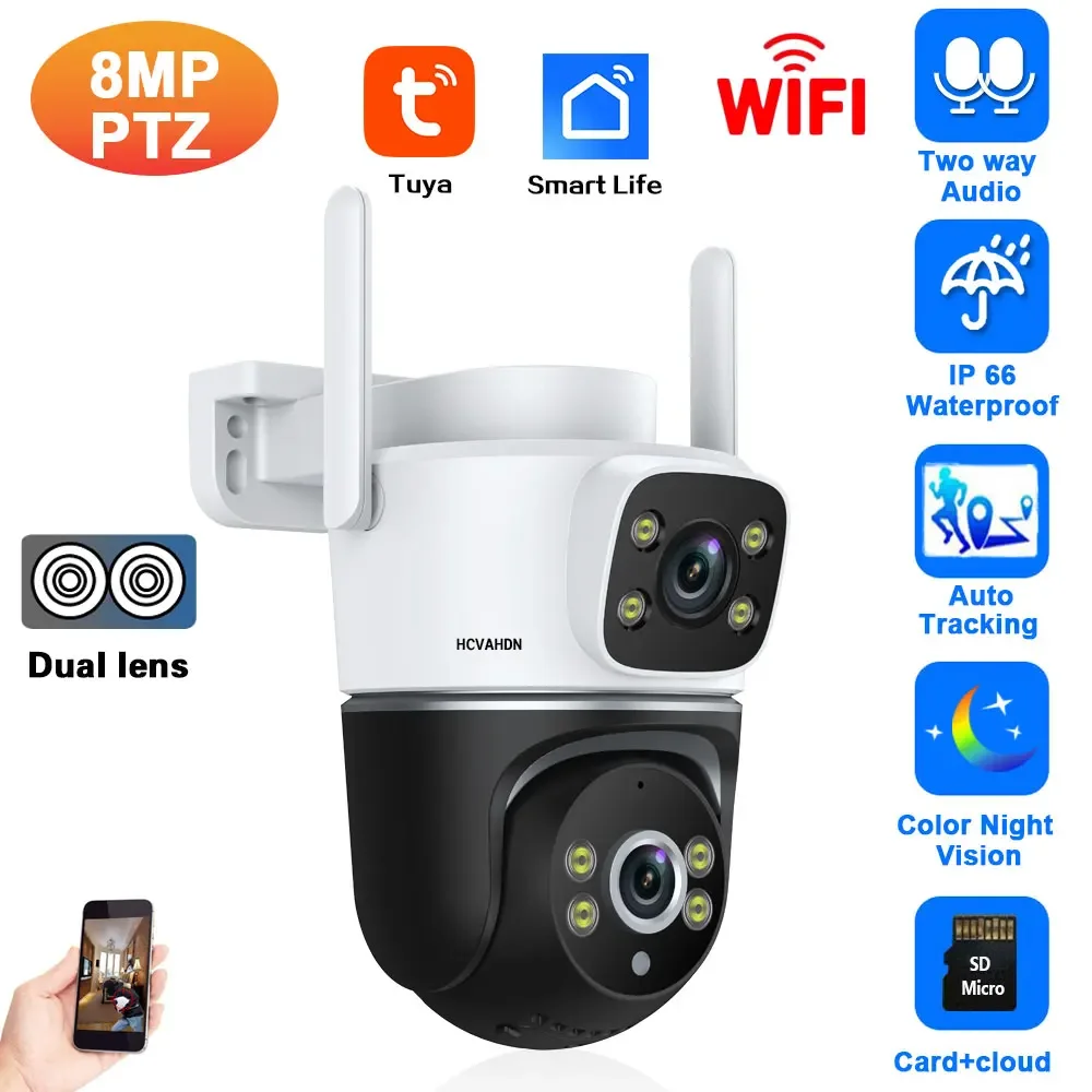 

Tuya 4K HD Outdoor Wifi IP Security Camera Dual Lens Auto Tracking PTZ Wireless CCTV Surveillance Camera Color Night Vision 8MP