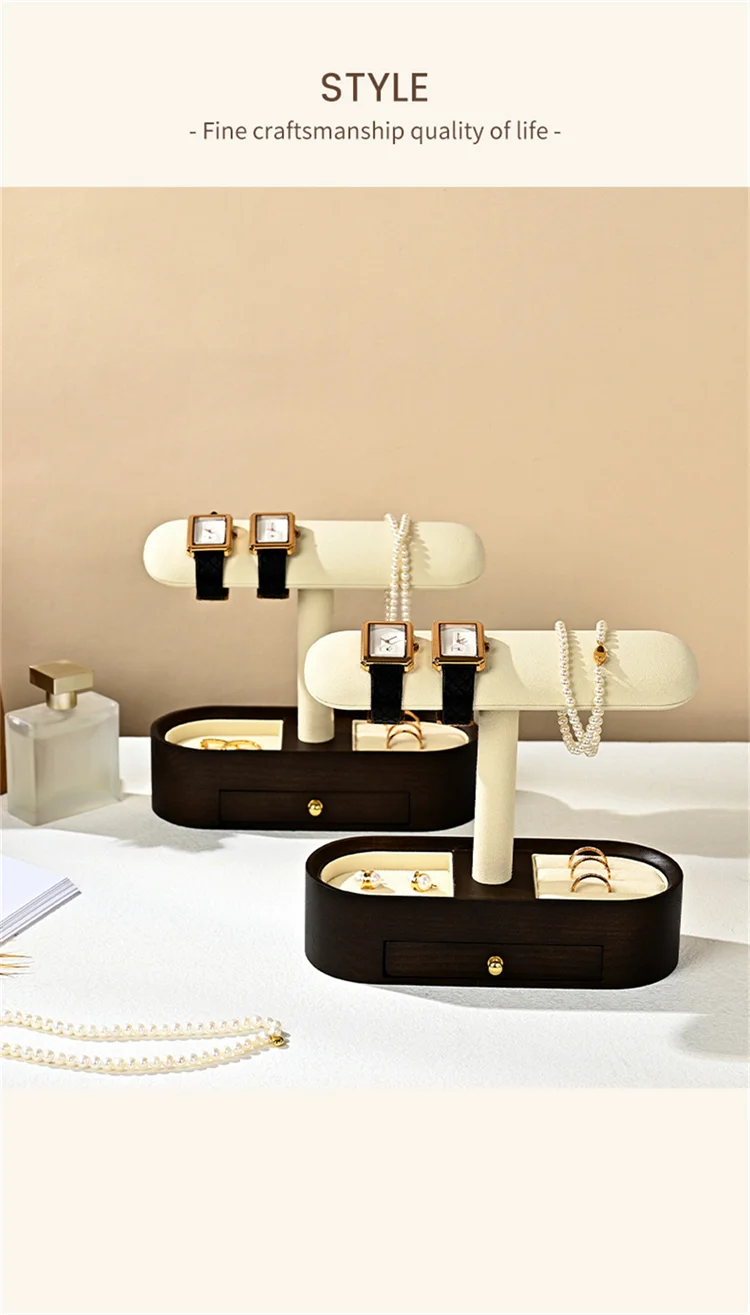 WoodTen Solid Wood Watch Display Stand with Drawers Double Layered Watch Necklace Bracelet Organizer Rack Jewelry Bracelet Stand