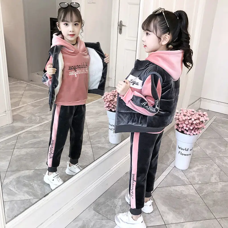 

3PCS New Kids Clothes Suit Girls Winter Clothing Fashion Casual Big Children Letter Jacket + Leggings Three-piece 2-12 Years Set