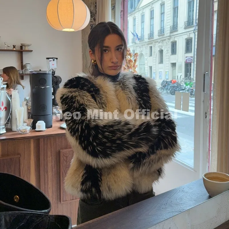 Neo Mint Luxury Brand Design Striped Patchwork Fur Jacket Women Winter Fluffy Faux Fox Fur Coats Chic Girls Thick Warm Outerwear