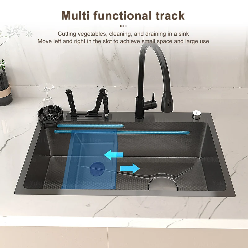 Stainless Steel Kitchen Sink Embossed Large Single-Slot With Kitchen Faucet Multifunctional Washbasin for Apartment