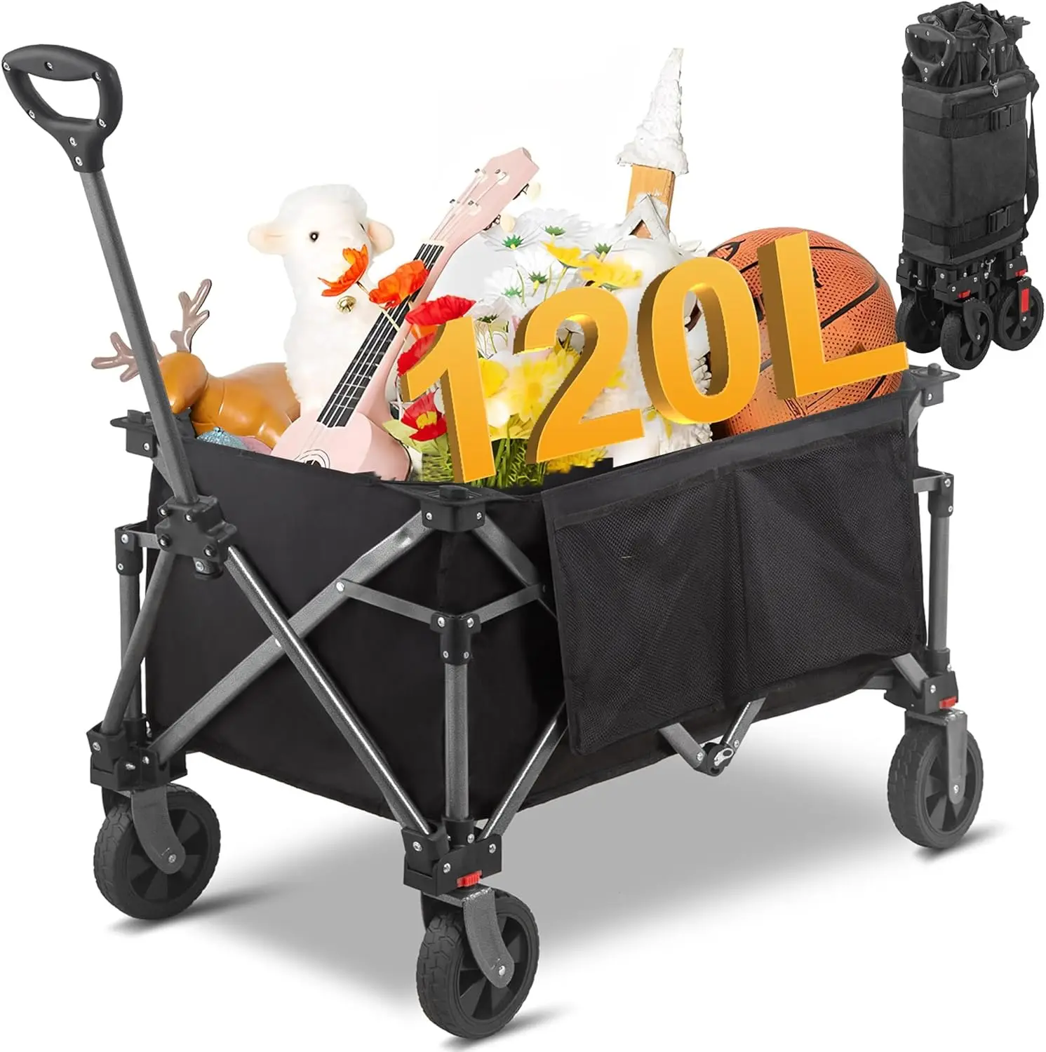 

220LBS Collapsible Folding Wagon - Heavy Duty Garden Cart with All Terrain Wheels, Portable Shopping Wagon for Outdoor, Campi