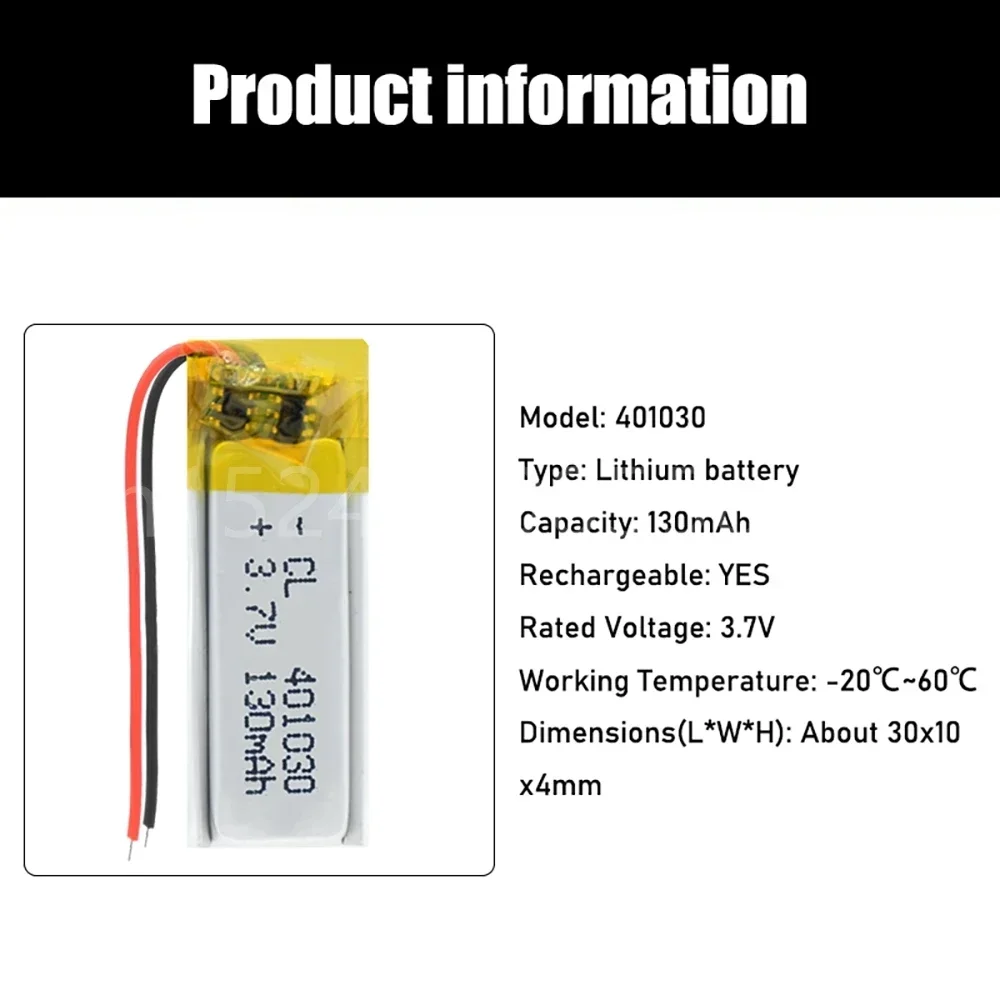 3.7V Lipo cells 401030 130mah Lithium Polymer Rechargeable Battery For MP3 MP4 GPS Bluetooth headset Hearing aid selfie stick