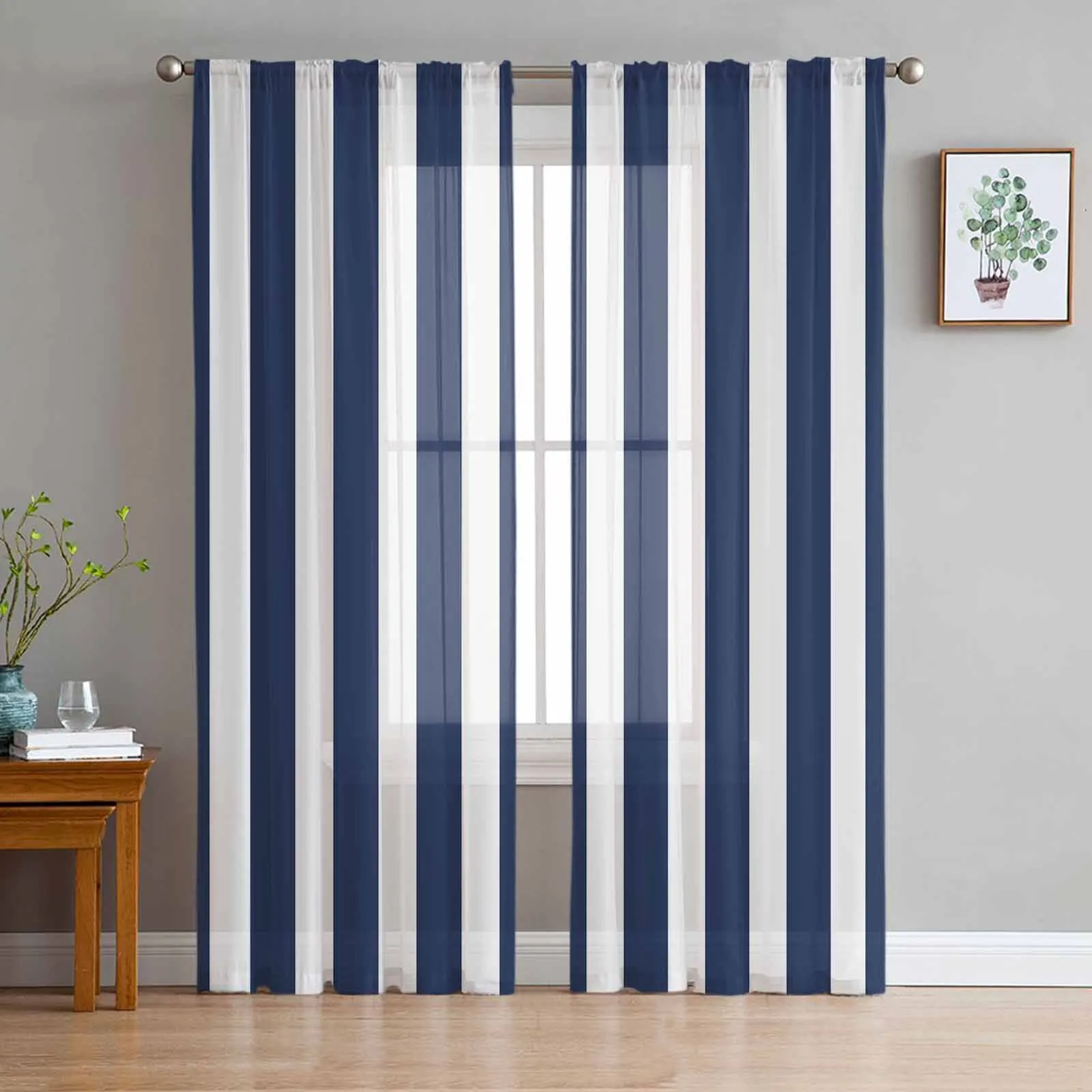 

Striped Navy Blue Sheer Curtains for Living Room Bedroom Window Treatment Kitchen Chiffon Curtain