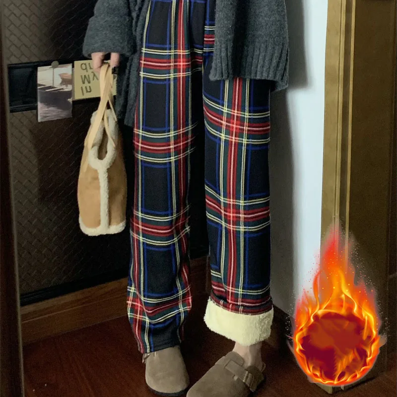 Winter Fleece Lined Plaid Trousers for Women High-Waisted Straight-Legged Korean Style Lamb Wool Casual Pants for Students