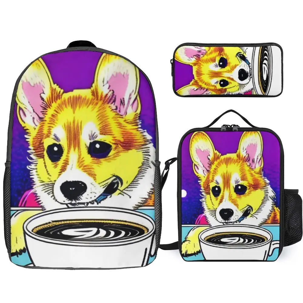 

Perros Corgi Y Café Perros Cafe 3 in 1 Set 17 Inch Backpack Lunch Bag Pen Bag Travel Novelty Secure Rucksack Cozy