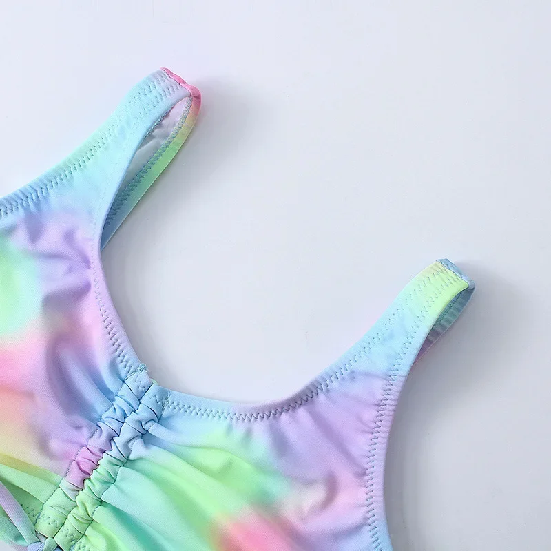 Bañador Tie Dye para niñas de 7 a 14 años, traje de baño de dos piezas, conjunto de Bikini fruncido frontal, ropa de playa 2024