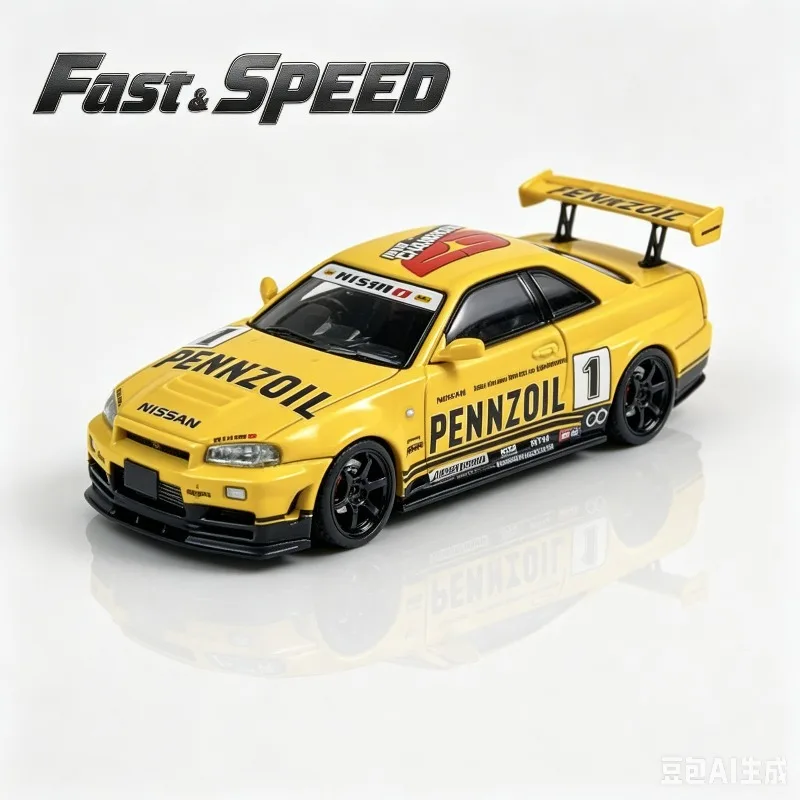 Fast Speed FS 1:64 Nissan GTR R34 Nismo Z-Tune Legierungs-Druckguss-Automodell, Sammlerstücke für Erwachsene, Weihnachtsgeschenke, Jungenspielzeug.
