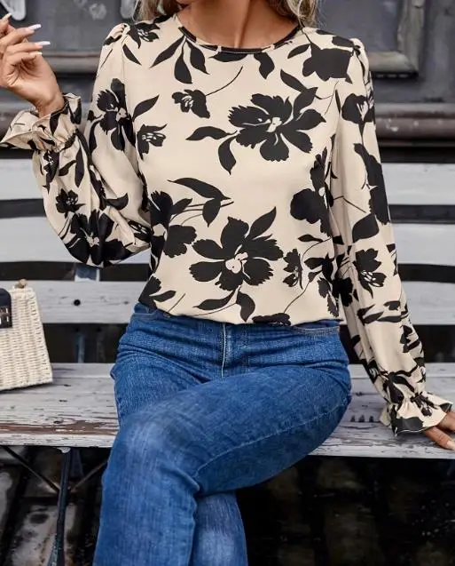 Fashionable and Elegant French Style Floral Print Round Neck Slim Lantern Sleeves Backless Lace Up Women's Chiffon Shirt