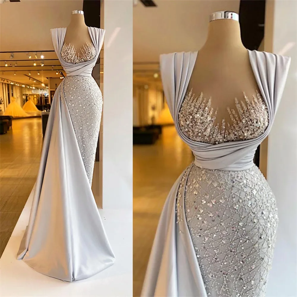 Glitter Evening Dresses for Women Fashion Sequined Sleeveless Side Slit Prom Gowns Floor Length Pleat Fashion Party Dresses