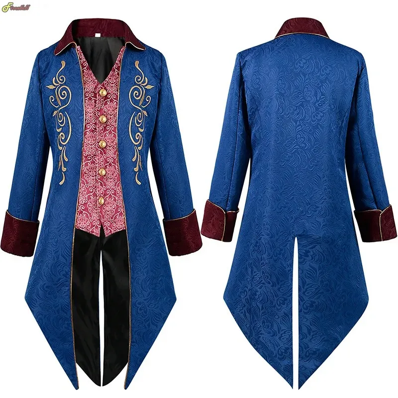 Men's Medieval Gothic Team Punk Jacquard Trench Coat Halloween Role-playing Victoria Tailcoat Prince Jacket