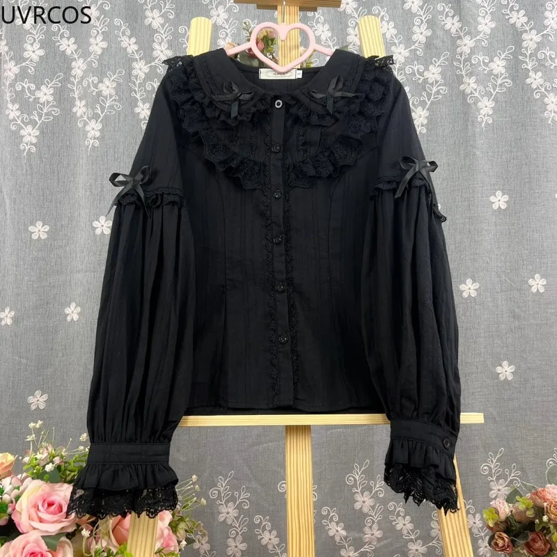 Kawaii Cute Lolita Style Shirts Women Japanese Victorian Retro Elegant Lace Patchwork Bow Blouses Female Elegant Cute Inside Top