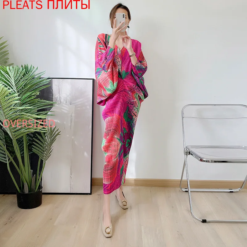 

Miyake Pleated Bat Sleeve Dress for Women, New Print, Large Size, Bottoming Dress, Spring and Summer