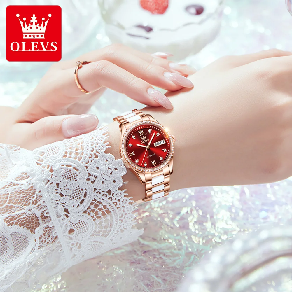 OLEVS 6637 Women\'s Mechanical Watches Waterproof Auto Date Week Calendar Wristwatch Top Original Fully Automatic Watch for Women