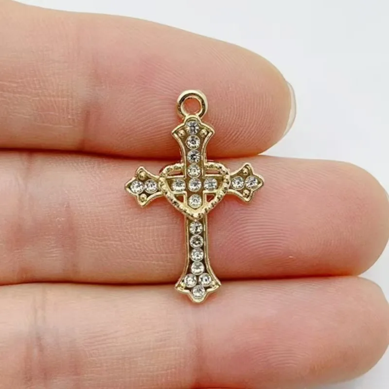 10pcs Diamond studded Gold Cross Alloy Pendant Love Wings Water Diamond Cross Pendant DIY Bracelet Necklace Jewelry view 3