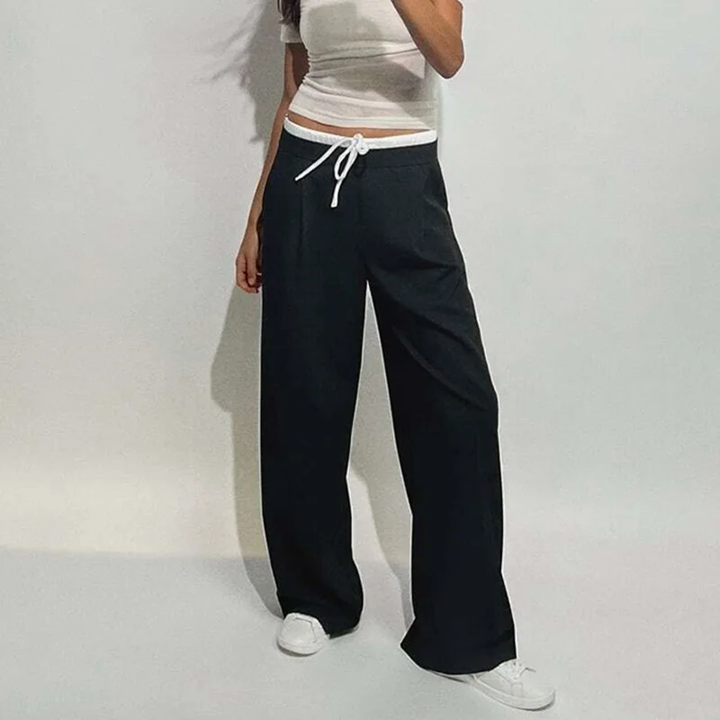 SIYANG 2024 Women Fashion Vintage Solid Straight Pants Side Zipper Drawstring Casual Trousers Spring New Female Wide Leg Pants