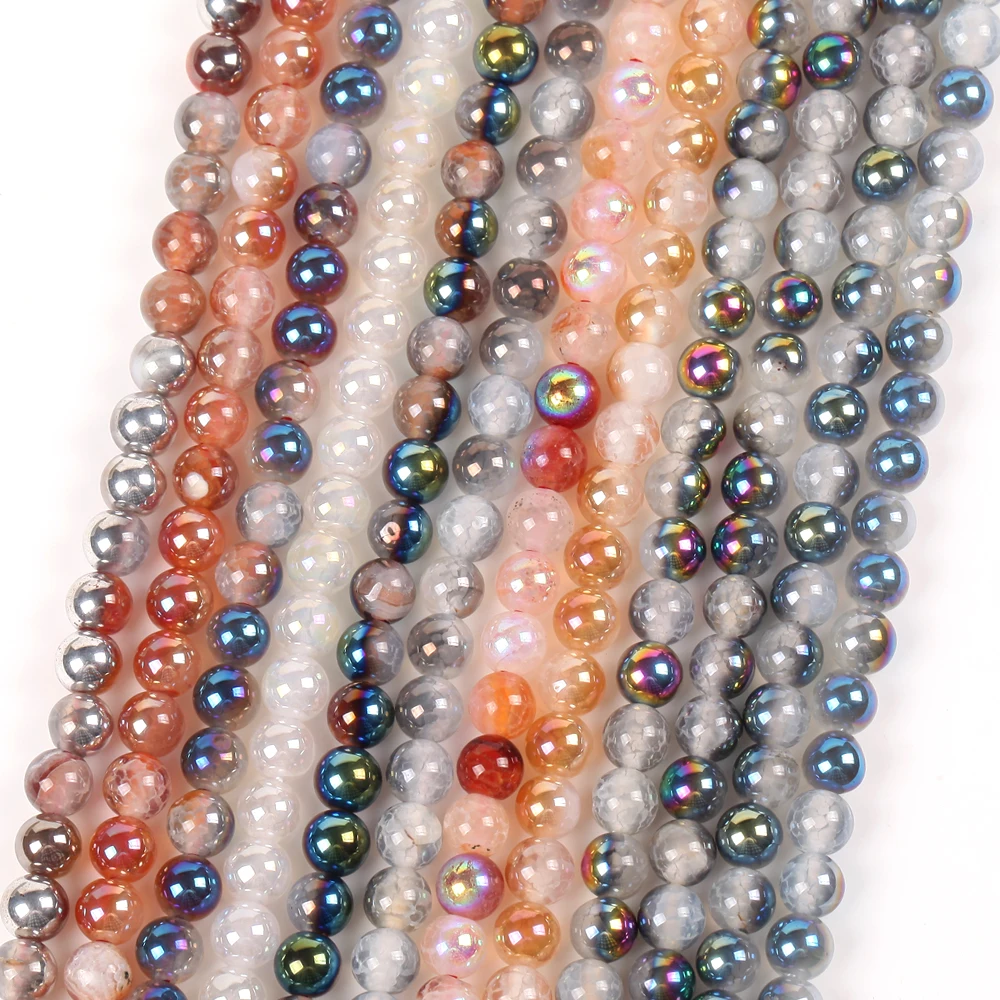 6 8 10mm Natural Stone Cracked Colorful Crystals Round Loose Beads For Jewelry DIY Bracelet Necklace Making Accessories 15”