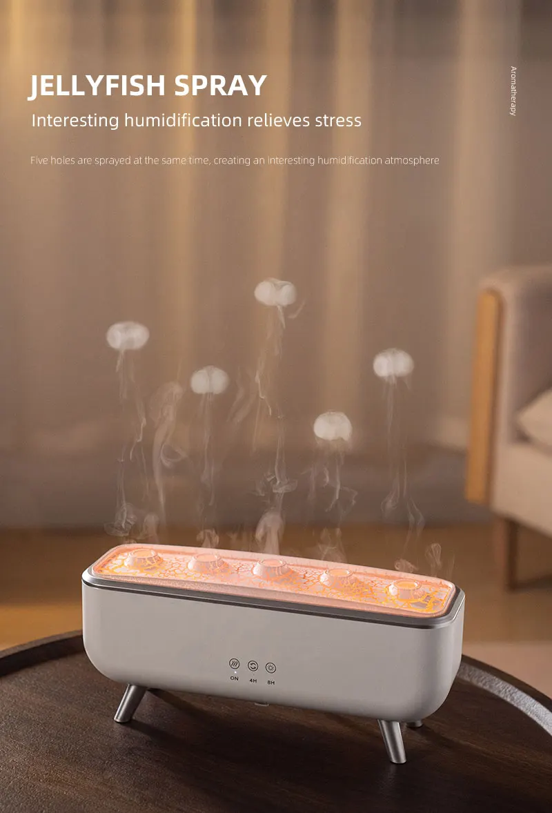 Simulierter Vulkan-Lava-Luftbefeuchter mit Farblichtern, Aroma-Diffusor, Fernbedienung, 5 Düsen, 2 Nebelmodi, tanzende Quallen – Detail 5