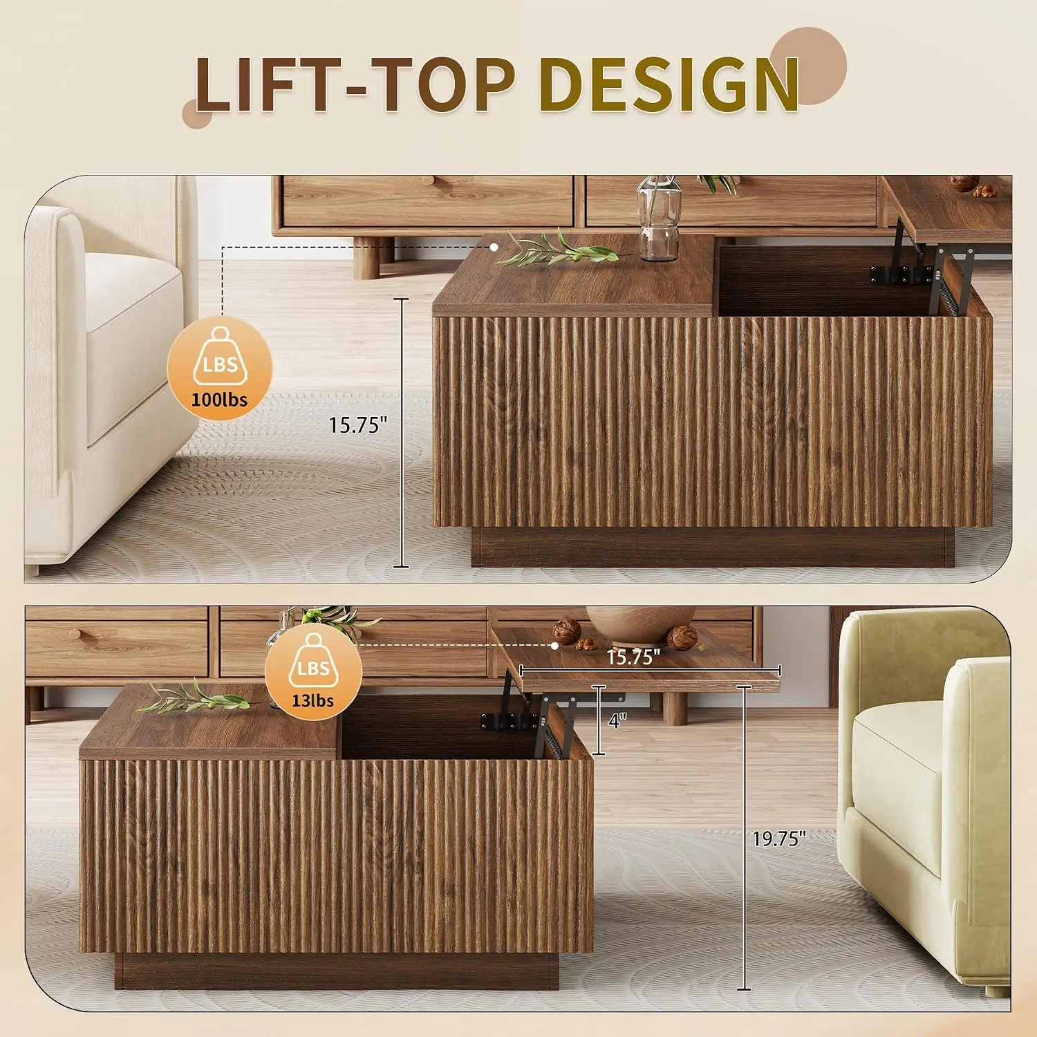 Lift Top Coffee Table with Storage, Walnut Square Center Table, Customized