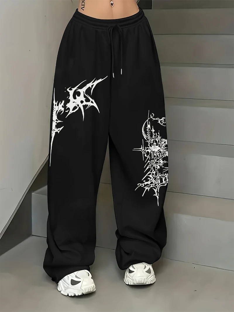 

Повседневные брюки-джоггеры с графическим принтом — свободный крой с эластичной резинкой на талии, зима, черные, с белым абстрактным дизайном, можно стирать в машине