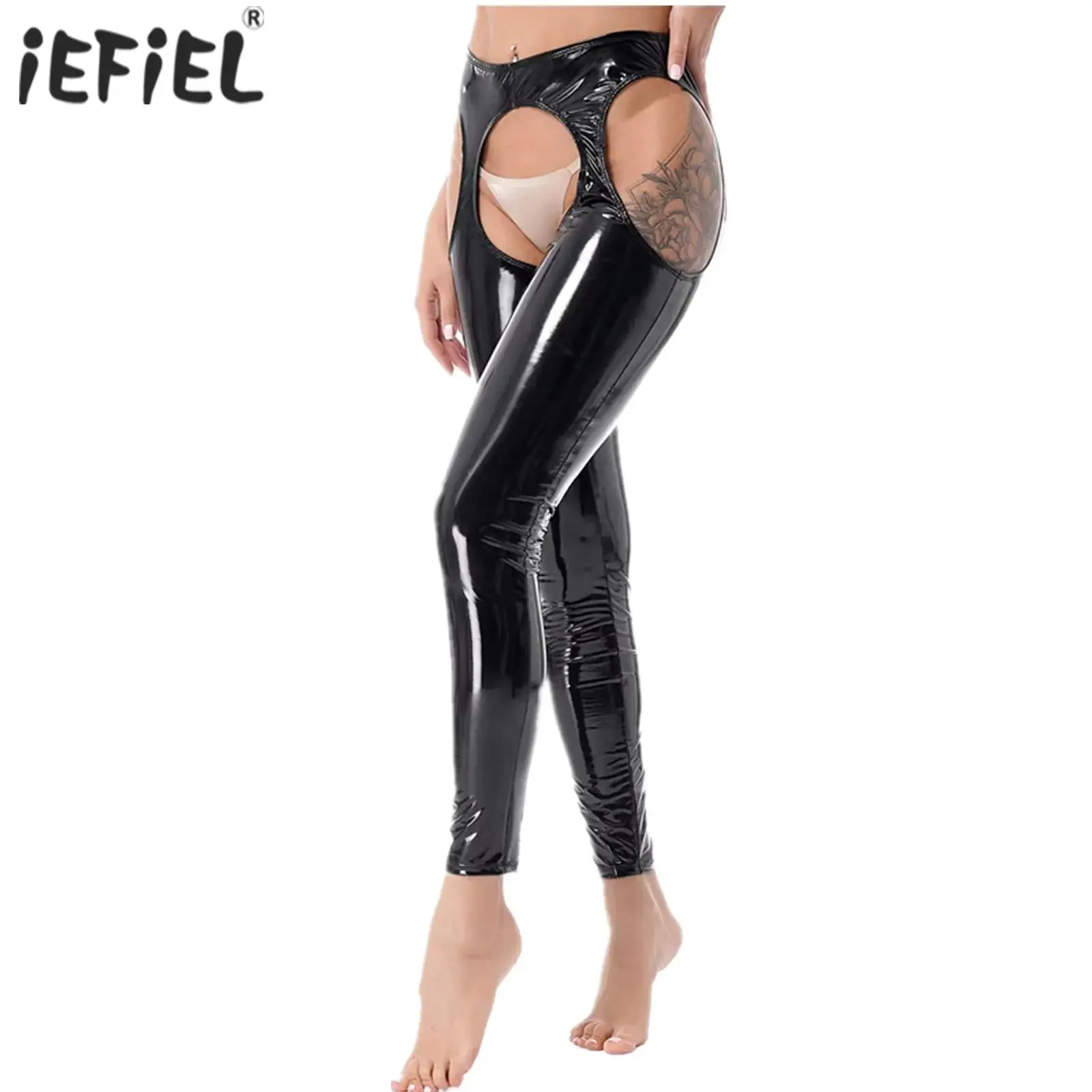 

Woman Sexy Latex Trousers for Dancing Nightclub Wetlook Patent Leather Cutout Pants Pole Dance Erotic Costume Leggings Lingerie
