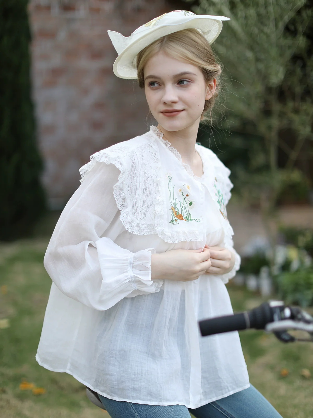 

Spring Summer Women French Floral Embroidery, Large Collar, Bohemian Natural, White and Apricot Two Colors, Ramie Blouse/Shirts