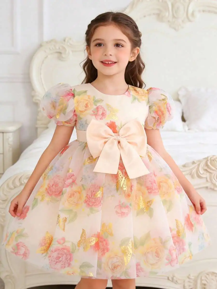 

Floral Butterfly Print Tulle Ruffle Bow Puff Sleeve Evening Dress For Women