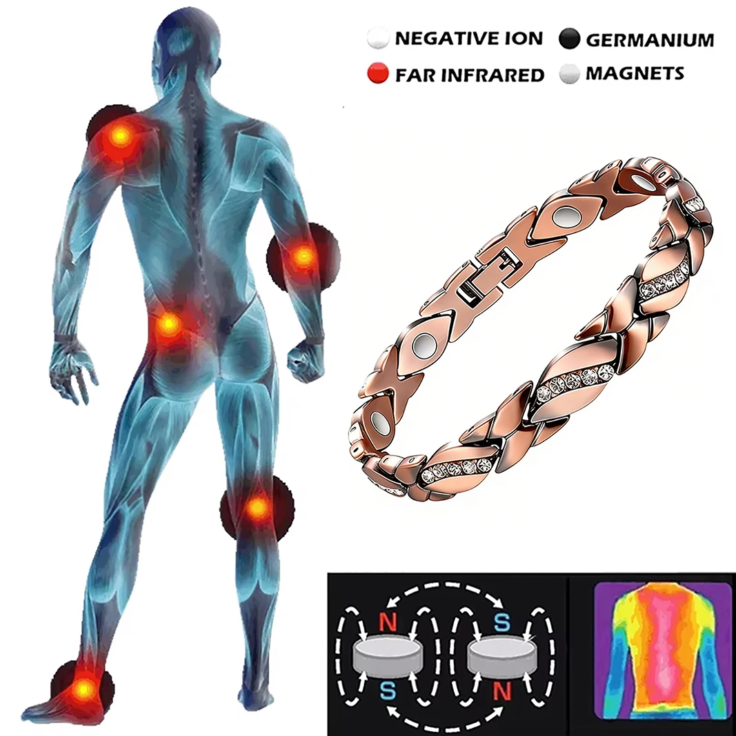 LENNIK Unisex Antique Copper Magnetic Bracelet Rhinestone Joint Pain Relief Adjustable Therapy Bangle with Link Removal Tool