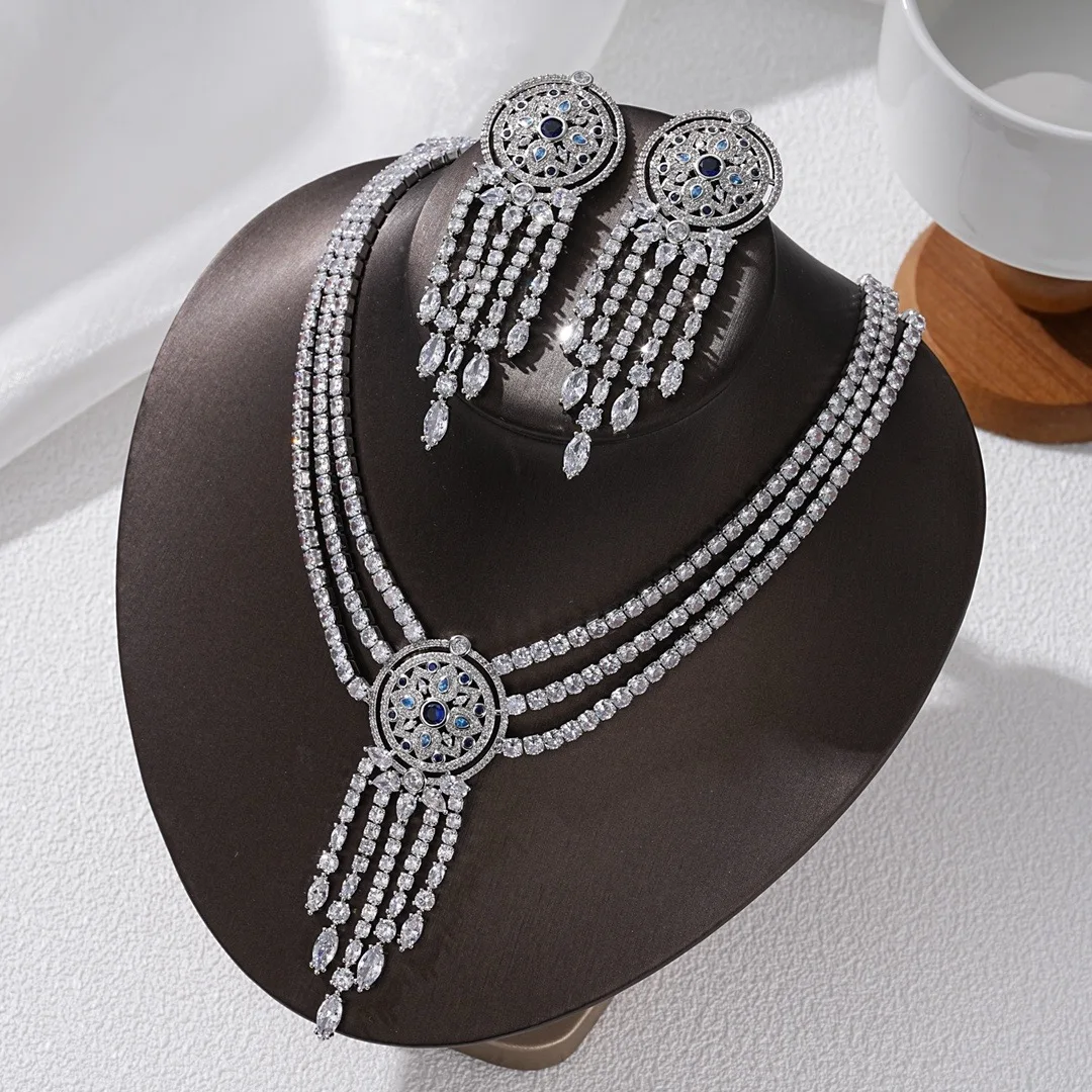 

Luxury Flower Geometric Rectangle Tassel Three Layers Chain Necklace Earrings For Women Cubic Zirconia Bridal Jewelry Sets A0272