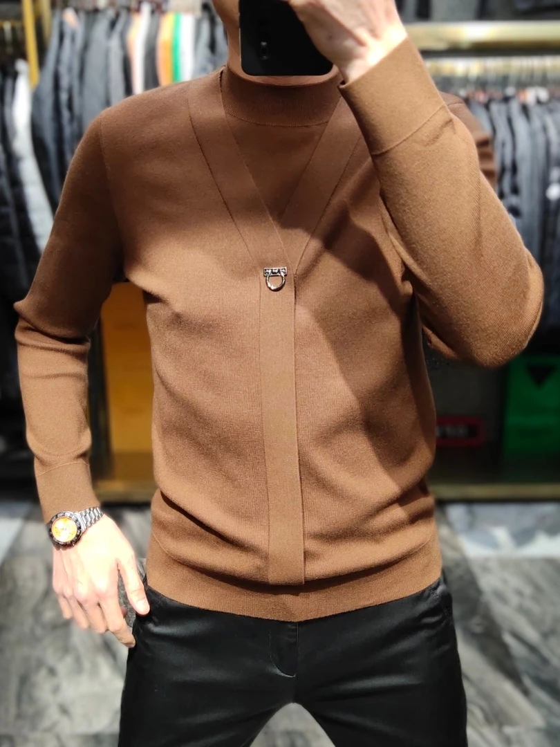 

Модный вязаный свитер, мужской приталенный круглый Ne Long Sve, базовый слой, искусственный двухсекционный модный осенне-зимний свитер, новое поступление