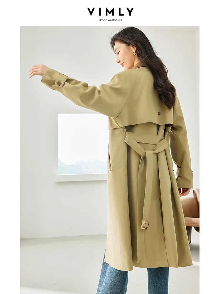 Vimly Khaki Long Trench Coat Women 2023 Long Sleeve Double Breasted Spring Jackets Women's Outerwear Contrast Lapel Coat 16053