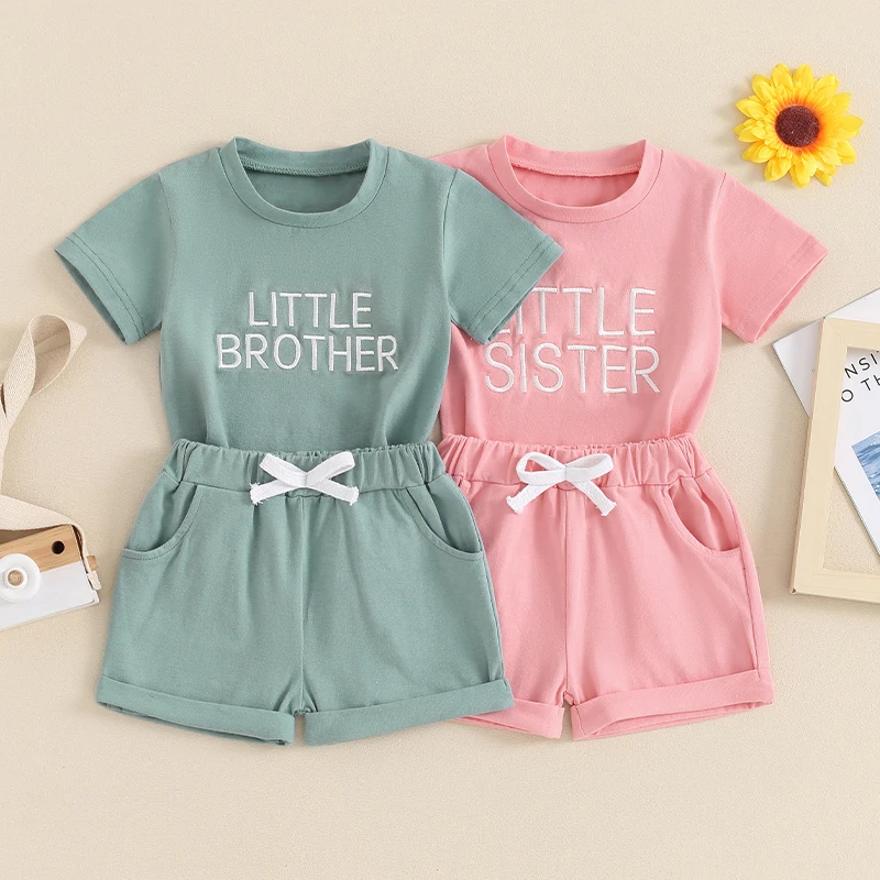 

Toddler Baby Boy Girl Summer Outfits Round Neck Short Sleeve Letter Embroidery Tops Elastic Waist Shorts Brother Sister Set