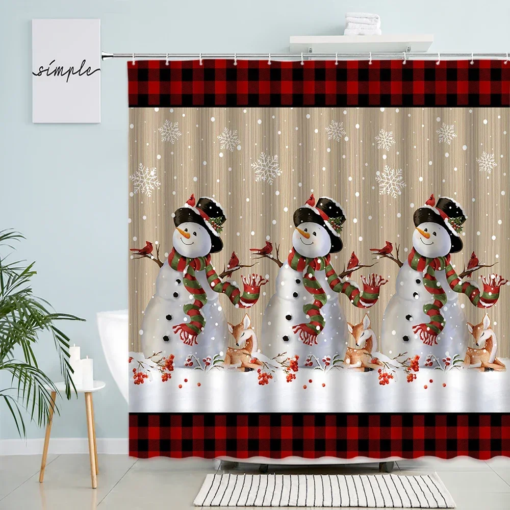 Funny Cartoon Snowman Shower Curtains Red Berries Deer Black White Buffalo Plaid Creative Christmas Bathroom Curtain Home Decor