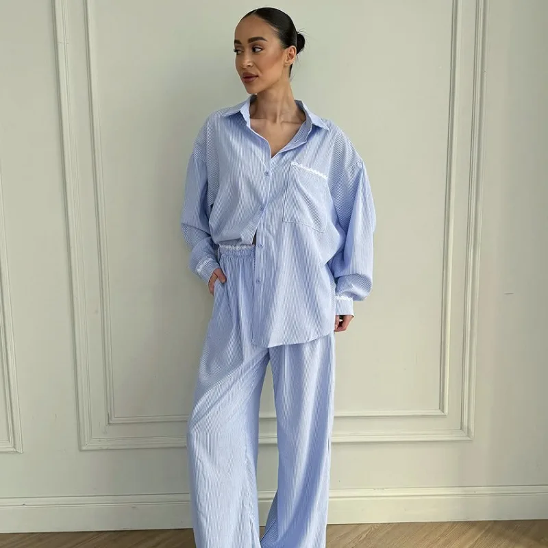 

2025 полосатые женские пижамы, удобные брюки с длинными рукавами, одежда для дома из 2 предметов, осенний европейско-американский стиль, размер XL