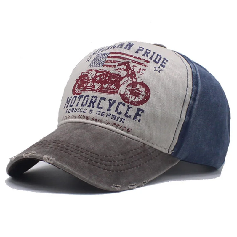 Motorrad Sonnenhut Graffiti Print Baseball gewaschene Vintage Cap Farbblock Baseball breite Krempe Hut Entenschnabel Cap – Detail 3