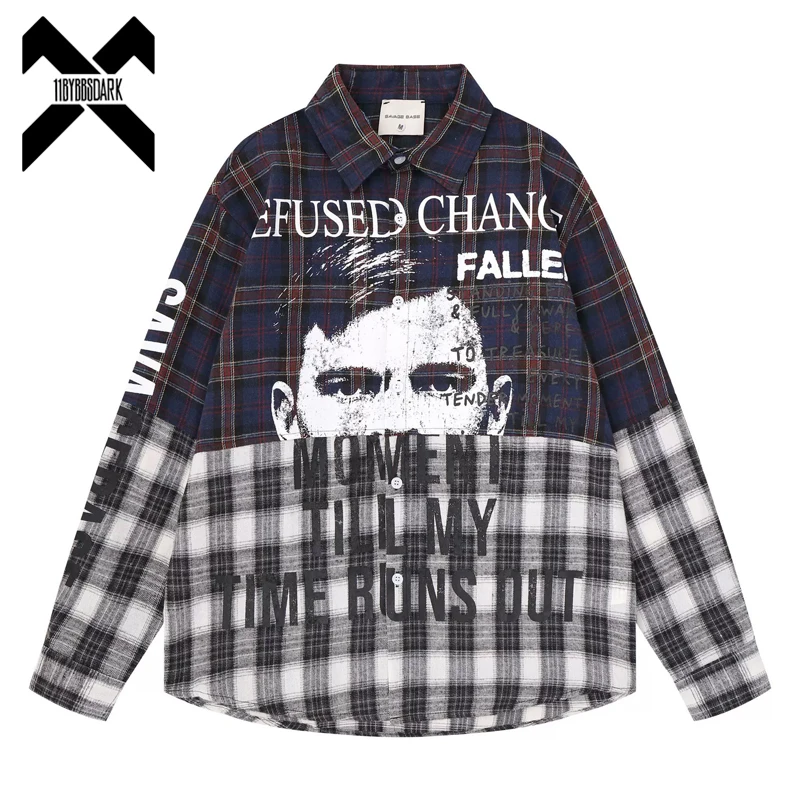 Unisex Vintage Plaid Color Block Shirt Hip Hop Streetwear Loose Long Sleeve Casual Tops