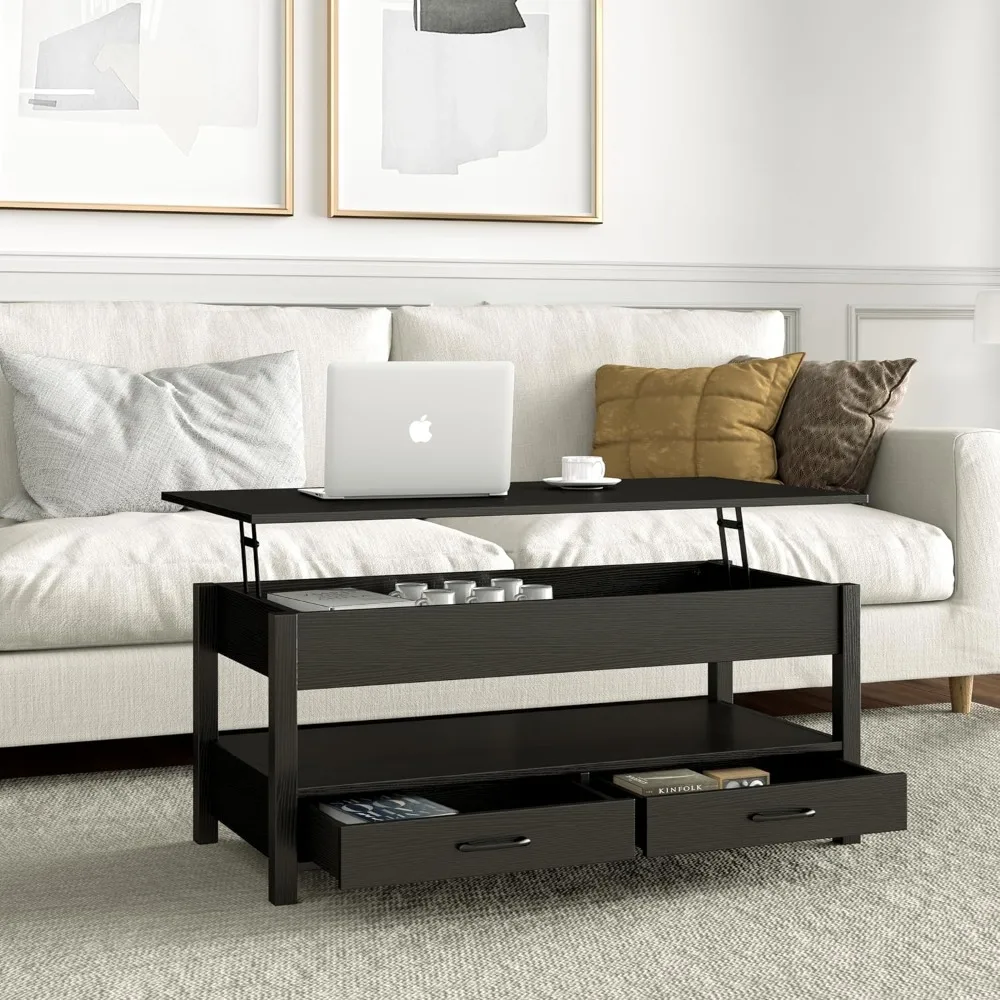 طاولة قهوة بانانا على الطراز القديم مع سطح رفع، وحدة تخزين سرية، ودرجين، ورف مفتوح