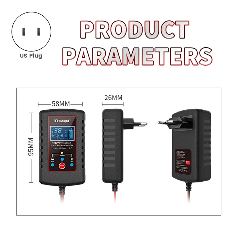 RJTIANYE 6V 12V Fully Automatic Smart Charger 2A High Power Portable Car Motorcycle Battery Charger for Battery Charging US Plug