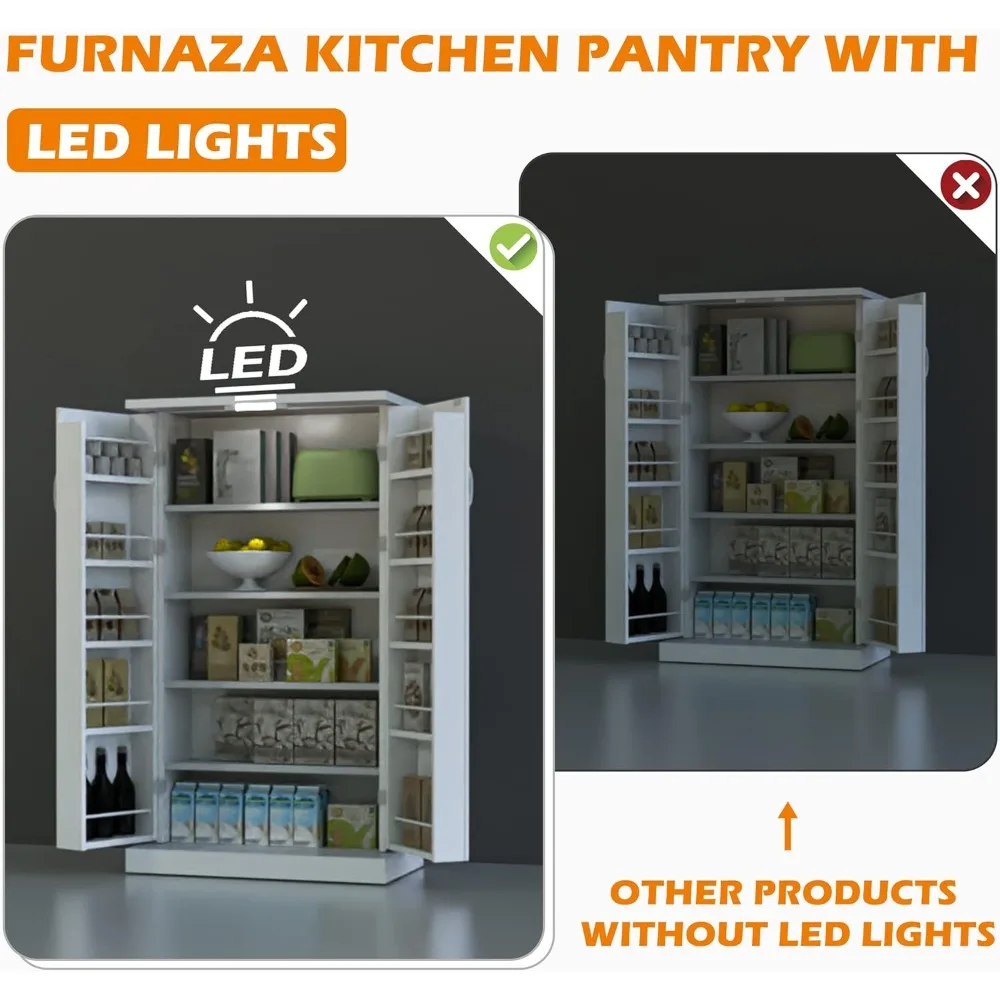 50" LED Kitchen Pantry Storage Cabinets, Standing Food Cabinets with 2 Doors, Racks and Shelves Adjustable