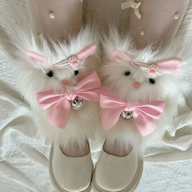 

Японская Лолита Kawaii с розовым бантом, милый кот, гетры из искусственного меха, носки Harajuku Y2K, зимние теплые пушистые ботинки для девочек, уличная одежда