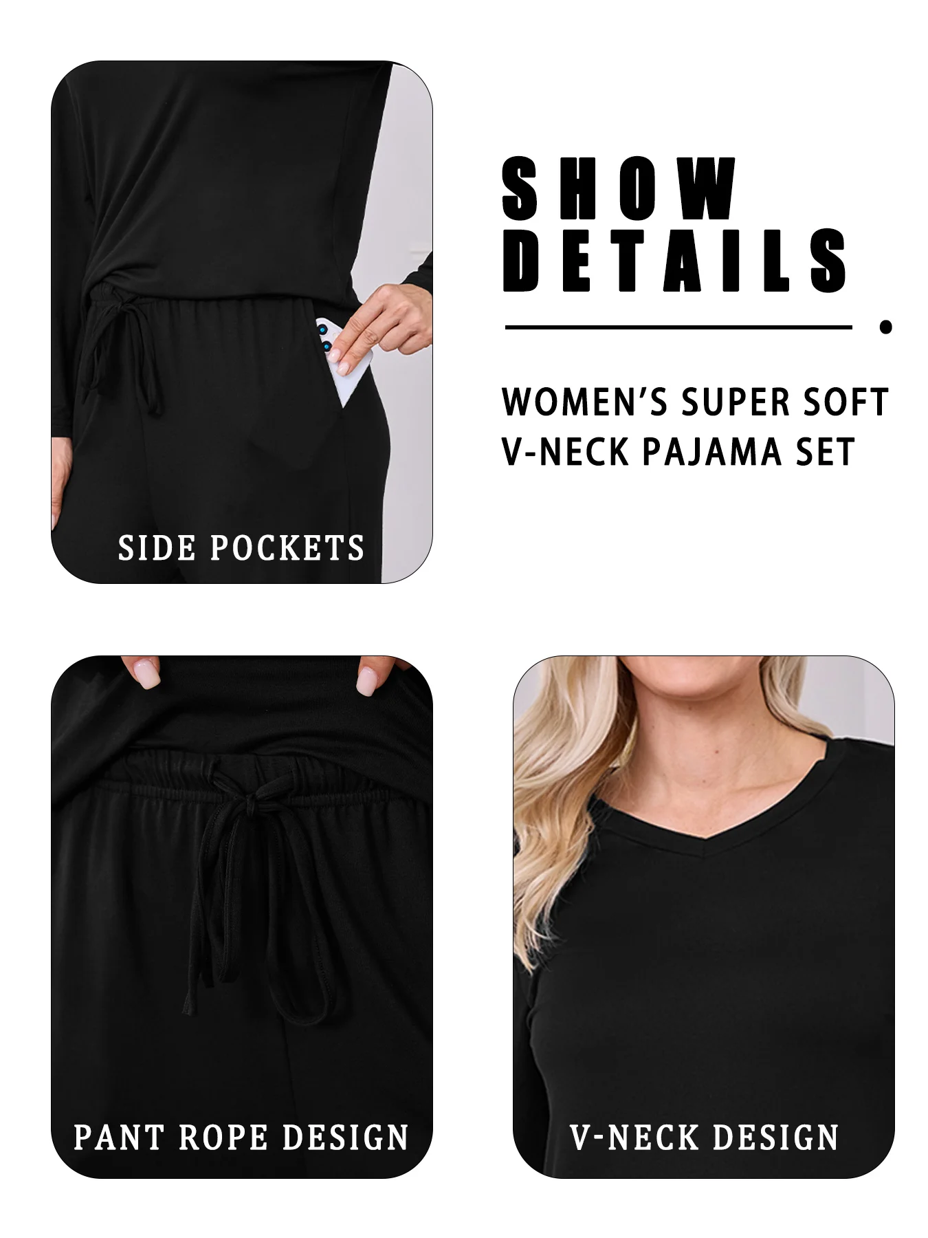 여성용 슈퍼 소프트 브이넥 파자마 세트