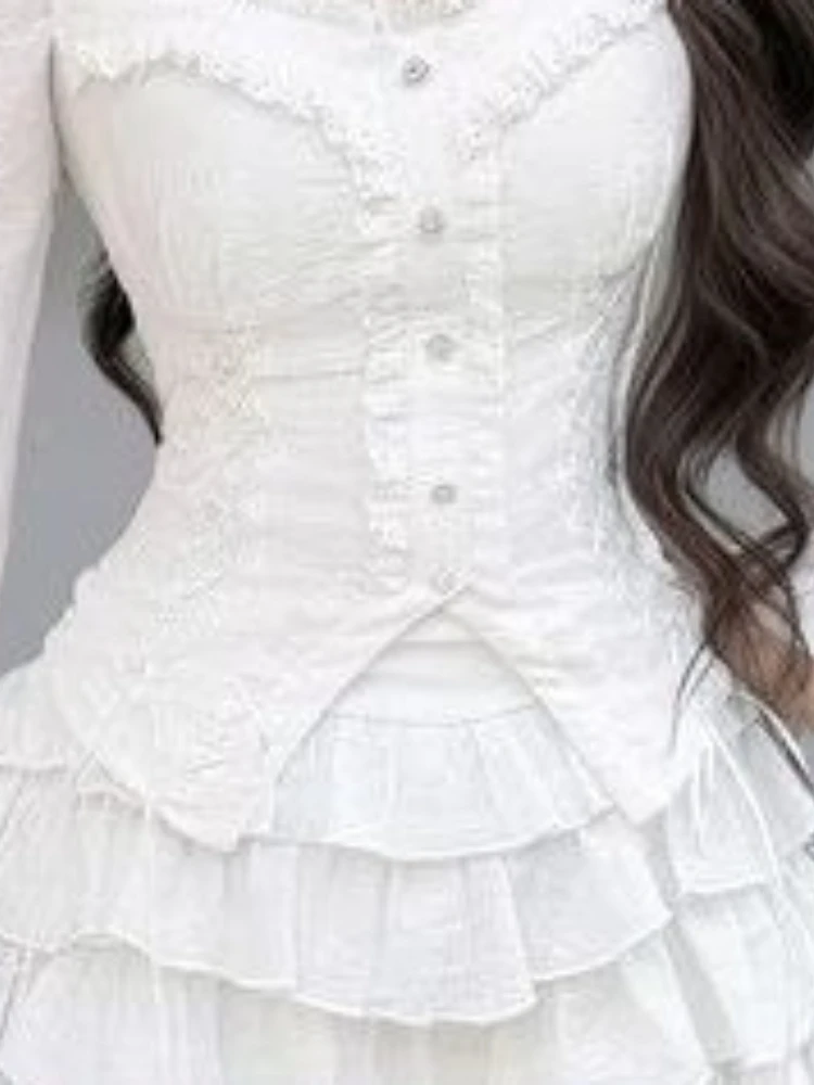 Harajuku الفرنسية الأنيقة 2 قطعة مجموعة المرأة سليم الدانتيل نفخة الأكمام بلوزة عالية الخصر كشكش كعكة تنورة موضة الحلو حفلة الزي #5