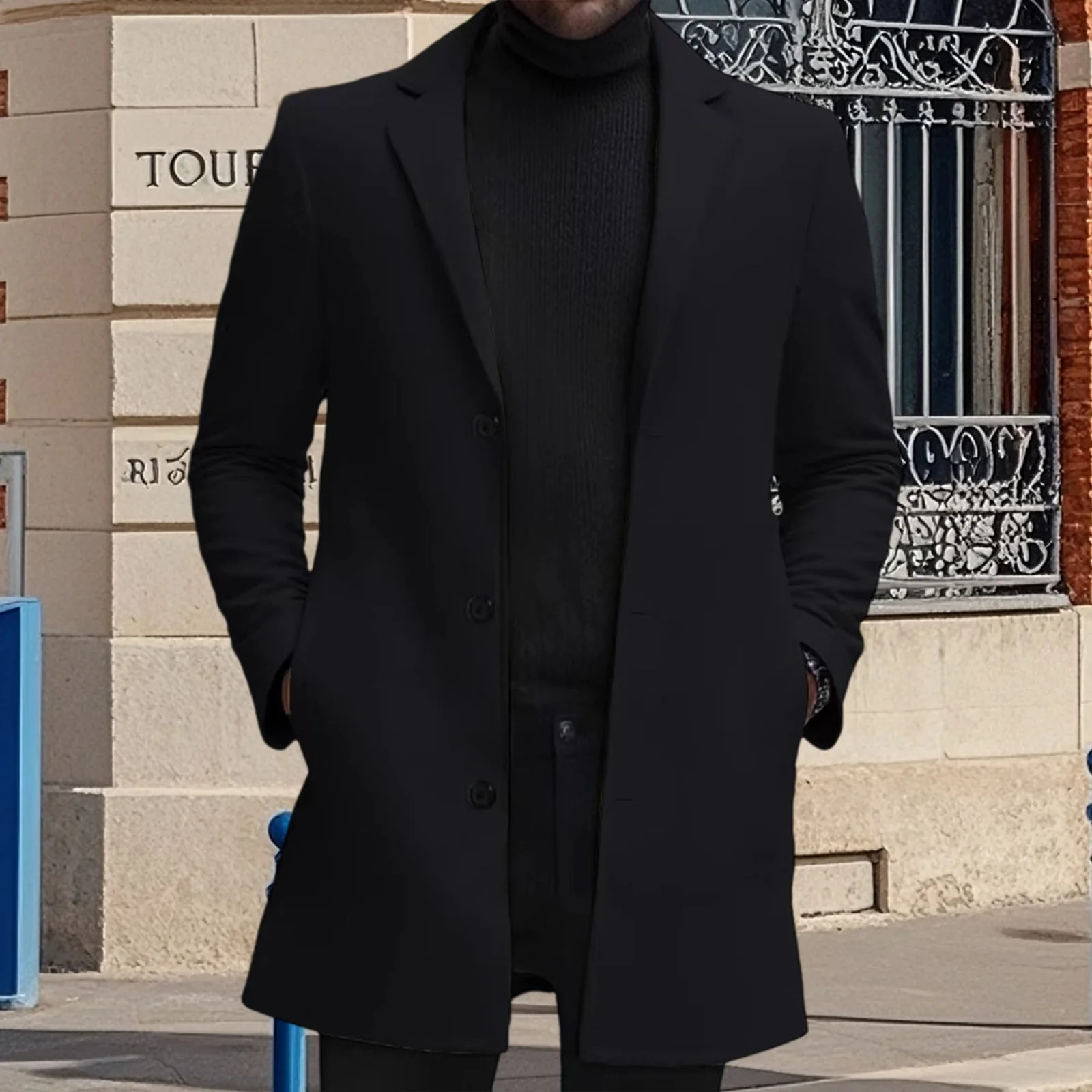Men s Wool Pea Coat Solid Color Lapel Collar Single Breasted Jacket Warm Mid Length Winter Trench Coat